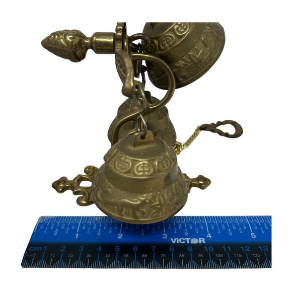 Brass Wall-Mounted Triple Bell Set Ornate Design Chain Pull Vintage Monastery - Picture 16 of 16